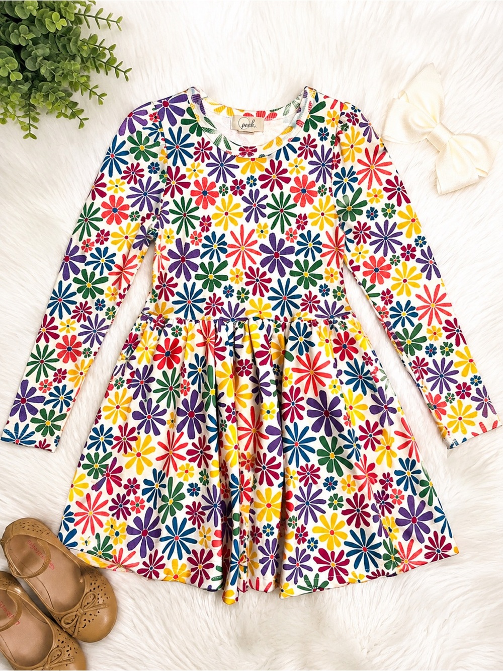 Peek Rainbow Floral Twirl Dress - White, Yellow, Purple, Pink, Green, Blue